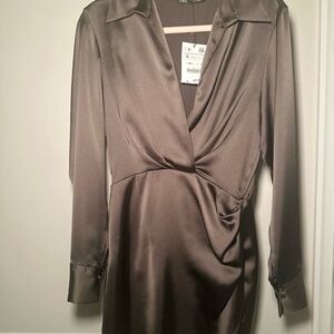Zara Charcoal Satin Long Sleeve Dress